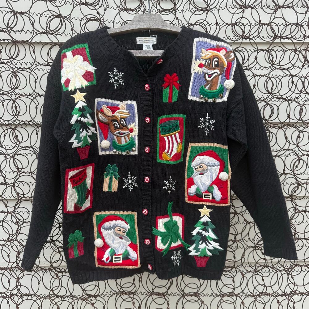 Vintage 90s Yarnworks AOP Rudolph Santa Stockings Tree Christmas Cardigan SMALL